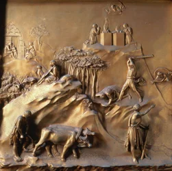 The Story of Cain and Abel: The Sacrifice, The Murder of Abel and God Banishing Cain, one of ten relief panels from the Gates of Paradise (East doors)